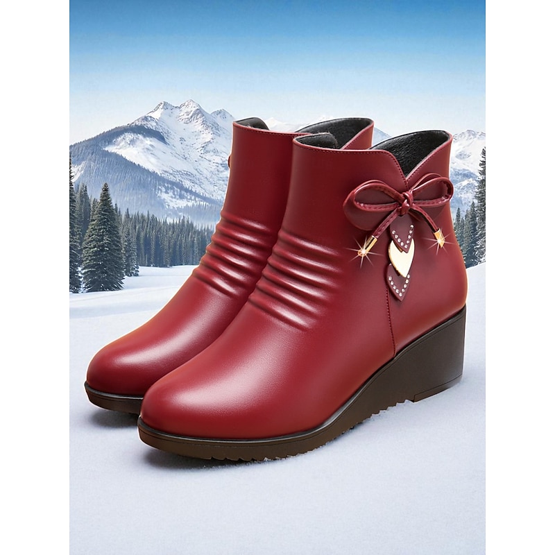 Women's Burgundy Faux Leather Warm Fur Lined Wedge Ankle Boots – Winter Waterproof Non-Slip Booties with Bow for Casual Snow Days ,Work and Outdoor Wear3