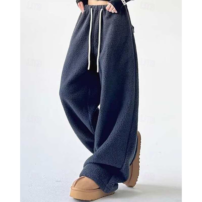 Women's Culottes Wide Leg Fleece Pants Chinos Streetwear Casual Full Length Medium Waist Plain Drawstring Pocket Elastic Waist Thermal Warm Comfortable Micro-elastic Outdoor Vacation Home Dark Navy