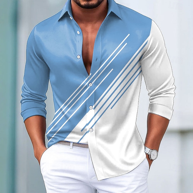 Men's Geometric Shirt Satin Shirt Dress Shirt Long Sleeve Fashion Casual Formal Vacation Dailywear Summer Spring Fall Turndown 3D Print Button Up Shirts Blue Purple Green Gray