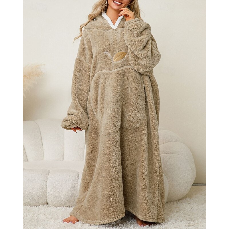 Women's Loungewear Nightgown Onesie Warm Plush Fruit Pocket Home Long Sleeve Crew Neck Red Khaki Dark Blue Gray Fall Winter Tailored Fit4