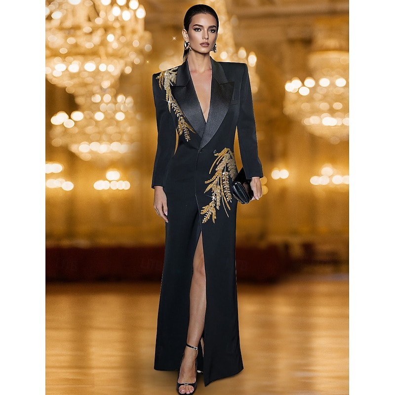 Black Tie Blazer Dress Tuxedo Dress Gold Sequin Applique Formal Wedding Guest Satin Stretch Crepe Elegant High Split Long Sleeve Satin Peak lapel 2025