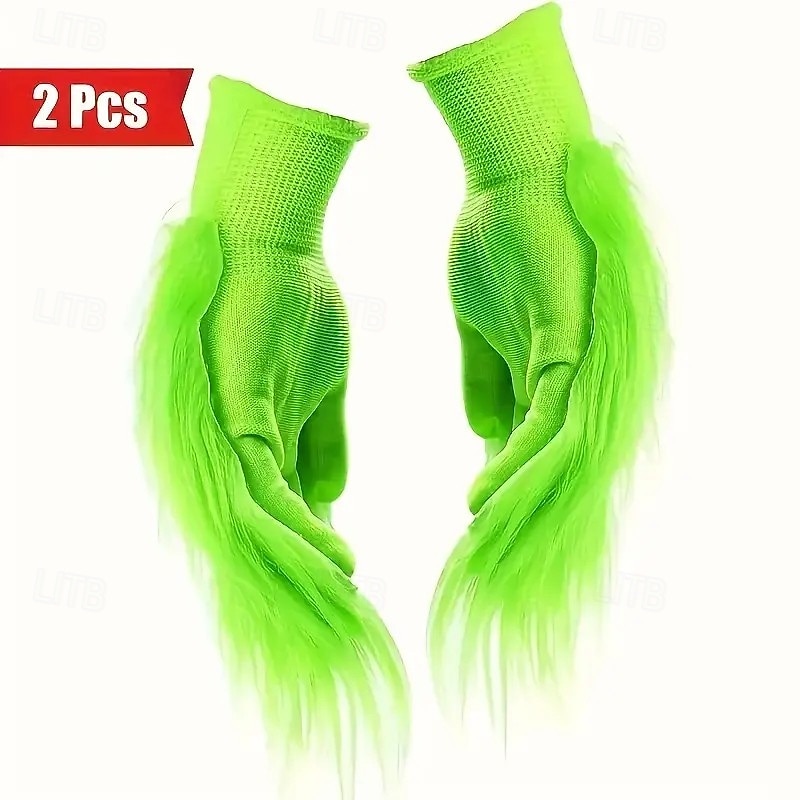 1 Pair Christmas Green Monster Gloves, Cute Fluffy Costume Props for Xmas Halloween Cosplay, Party Decoration, Photo Shoot and Stage Performance Accessories3