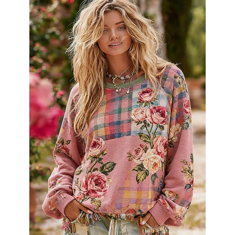 Women's Pullover Sweatshirts Floral Fashion Streetwear Classic Long Sleeve Crew Neck Round Neck Regular Tops Dailywear Casual Print Pink Green Spring Fall4