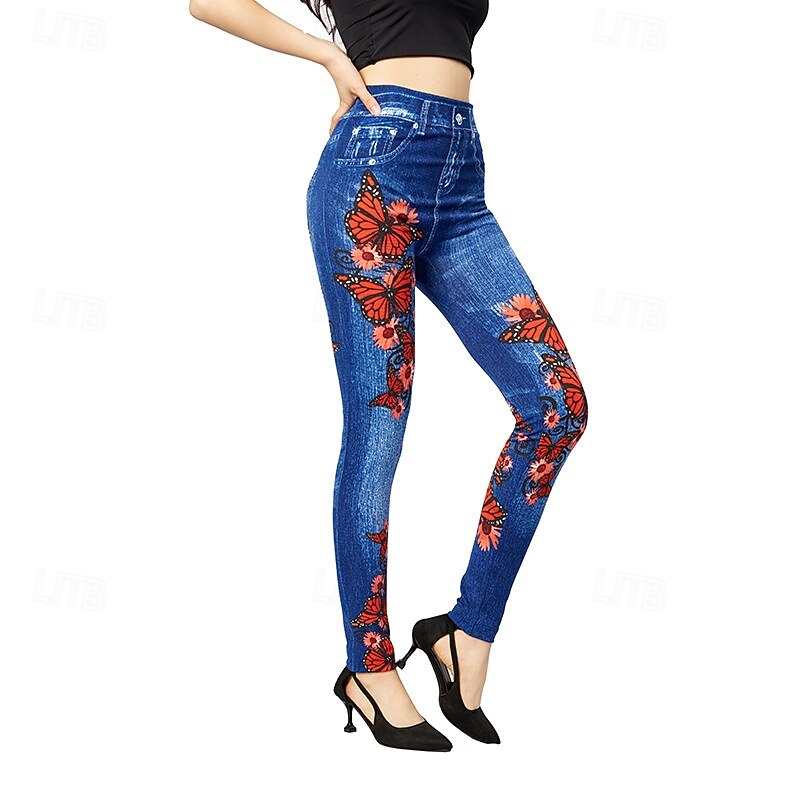 Women's Jeans Chinos Vintage Streetwear Casual Ankle-Length Medium Waist Floral Pocket Elastic Waist Printing Comfortable Stretchy Outdoor Vacation Street Blue Spring Fall Regular Fit