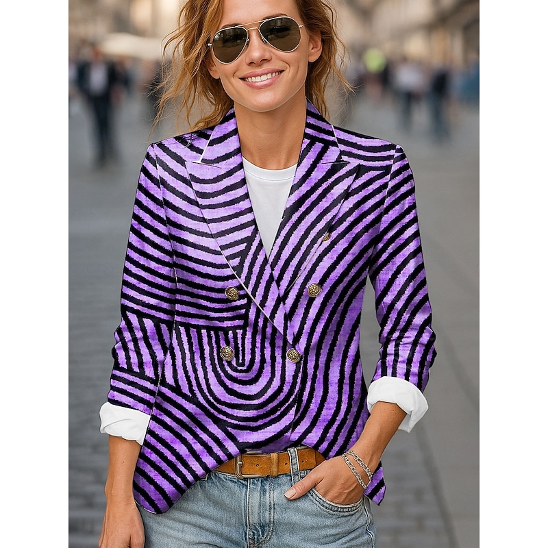 Women's Blazer Comfortable Breathable Pocket Buttons Print Fashion Casual Geometric Office Street Casual Daily Wear Double Breasted Regular Notch Lapel Regular Fit Long Sleeve Outerwear Blue Purple4