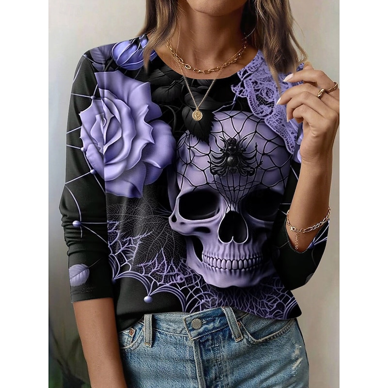 Halloween Women's T Shirt Skulls Graphic Fashion Casual Long Sleeve Crew Neck Round Neck Regular Tops Daily Weekend Print Pink Blue Purple Green Gray Summer Spring Fall3