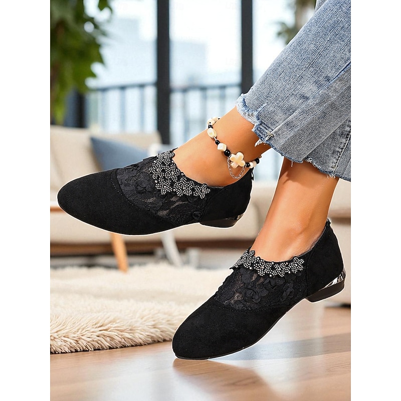 Women's Black Suede Slip-On Shoes with Lace and Rhinestone Detailing - Elegant Low Heel Footwear for Ladies, Perfect for Casual Outfits, Evening Parties & Office Wear4