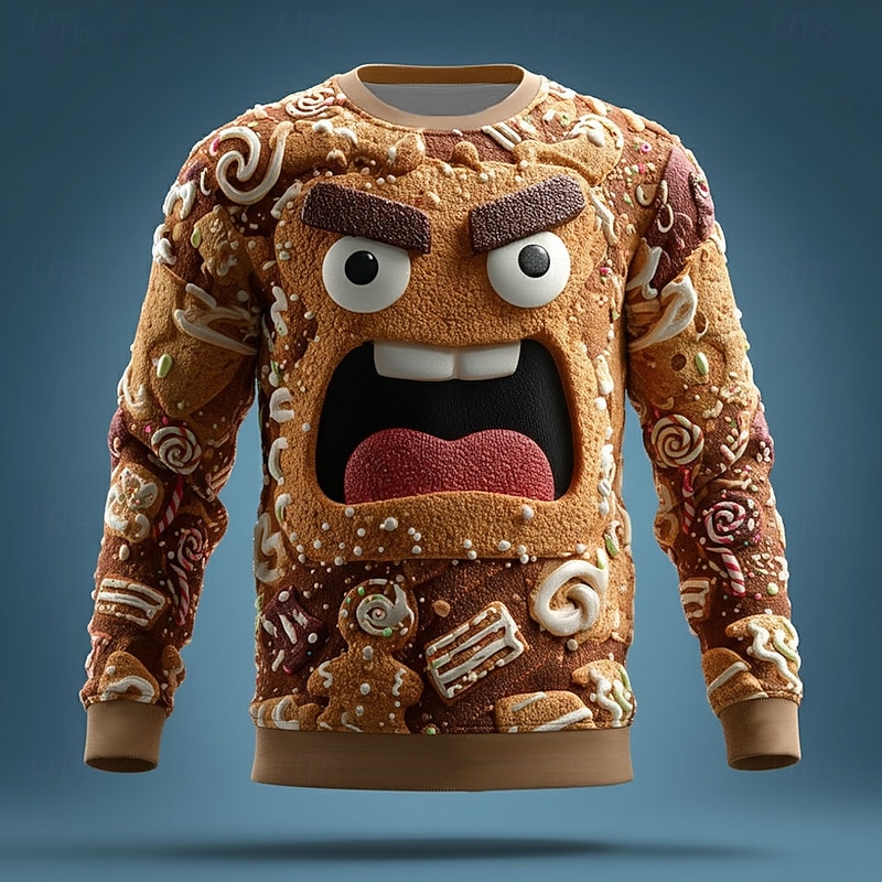 Christmas Men's Gingerbread Sweatshirt Cool Party Crew Neck Vacation Party Gift Brown Brown 2 Crewneck 3D All Seasons Designer2