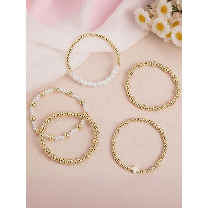 Women's Pearl and Gold Bead Bracelet Set – 6Pcs Stretch Layered Beaded Bangles, Elegant Fashion Jewelry for Parties, Weddings & Daily Wear3