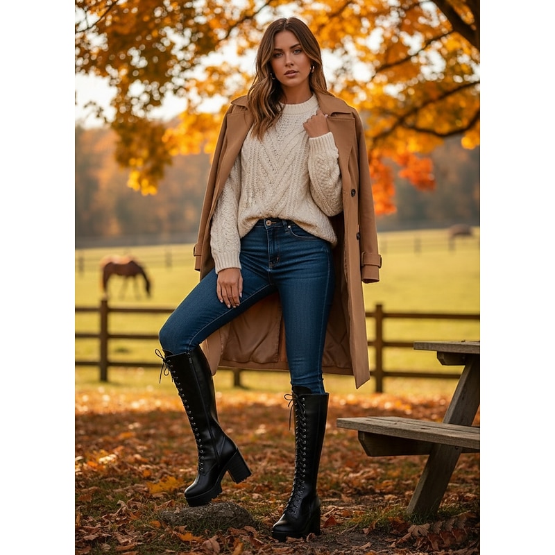 Women's Black Platform Knee-High Lace-Up Boots - Faux Leather Chunky Heel Gothic Boots for Fall Winter Streetwear , Daily Outfits and Halloween Fashion3