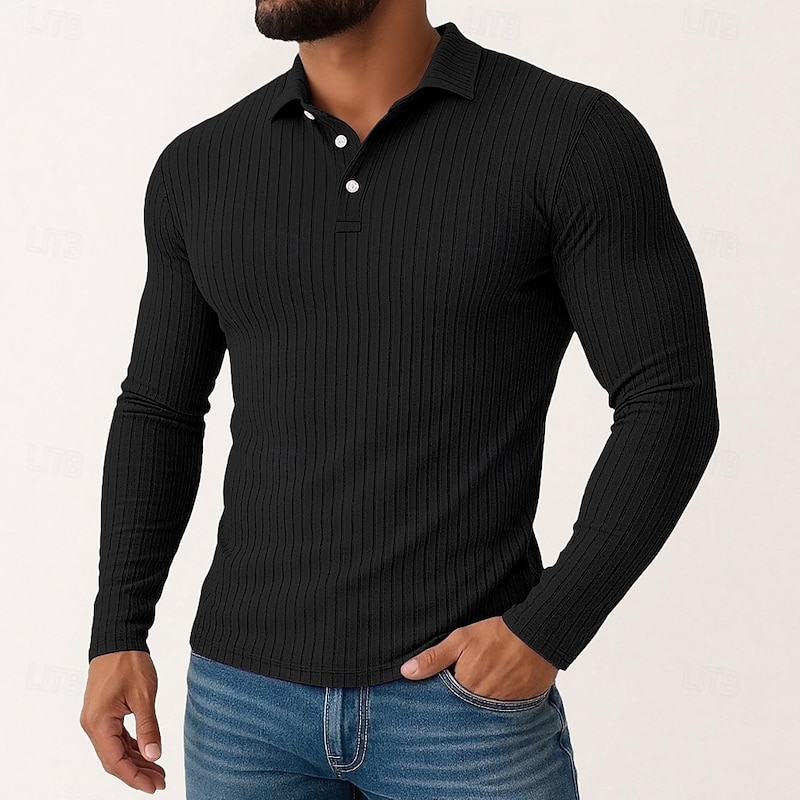 Men's Polo Shirts Rib Knit Top Vacation Street Classic Long Sleeve Fashion Basic Plain Knitting Spring Fall Winter Slim Fit Black White Khaki Gray Polo Shirts2