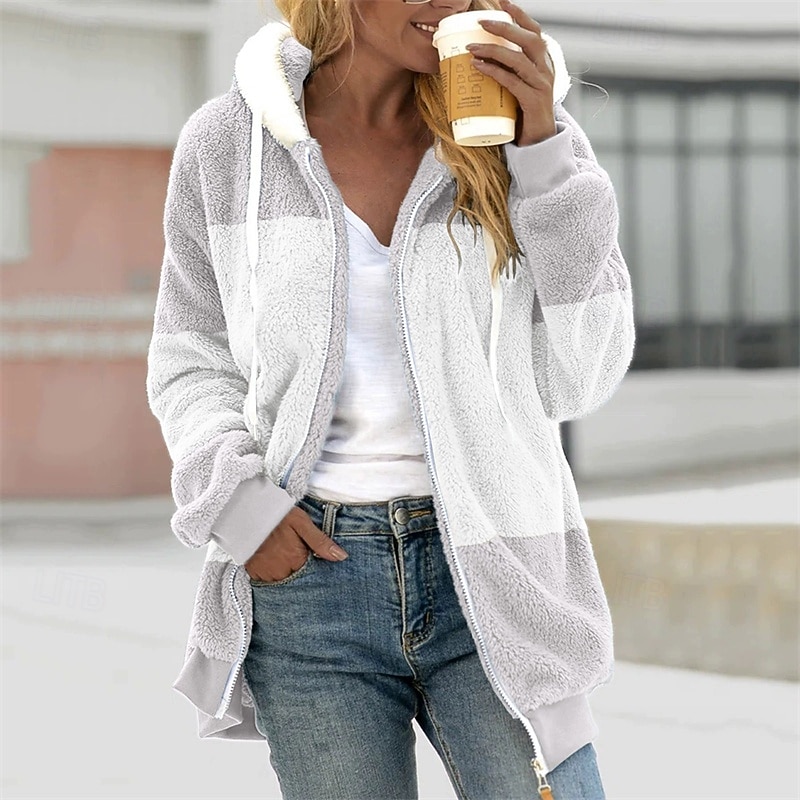 Women's Casual Jacket Comfortable Breathable Zipper Pocket Casual Plaid Vacation Street Casual Daily Wear Zipper Short Hooded Regular Fit Long Sleeve Outerwear Black White Burgundy Spring Fall4