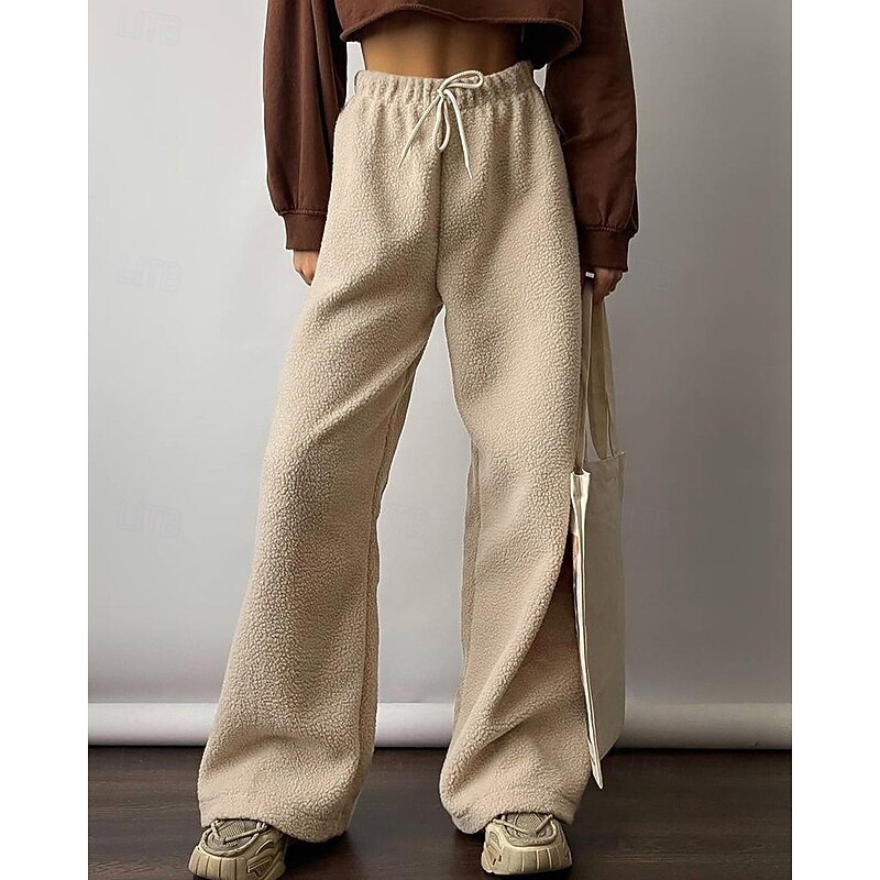 Women's Wide Leg Chinos Streetwear Casual Full Length Medium Waist Plain Drawstring Pocket Elastic Waistband Soft Micro-elastic Outdoor Street Apricot Light Brown Fall Winter Loose Fit