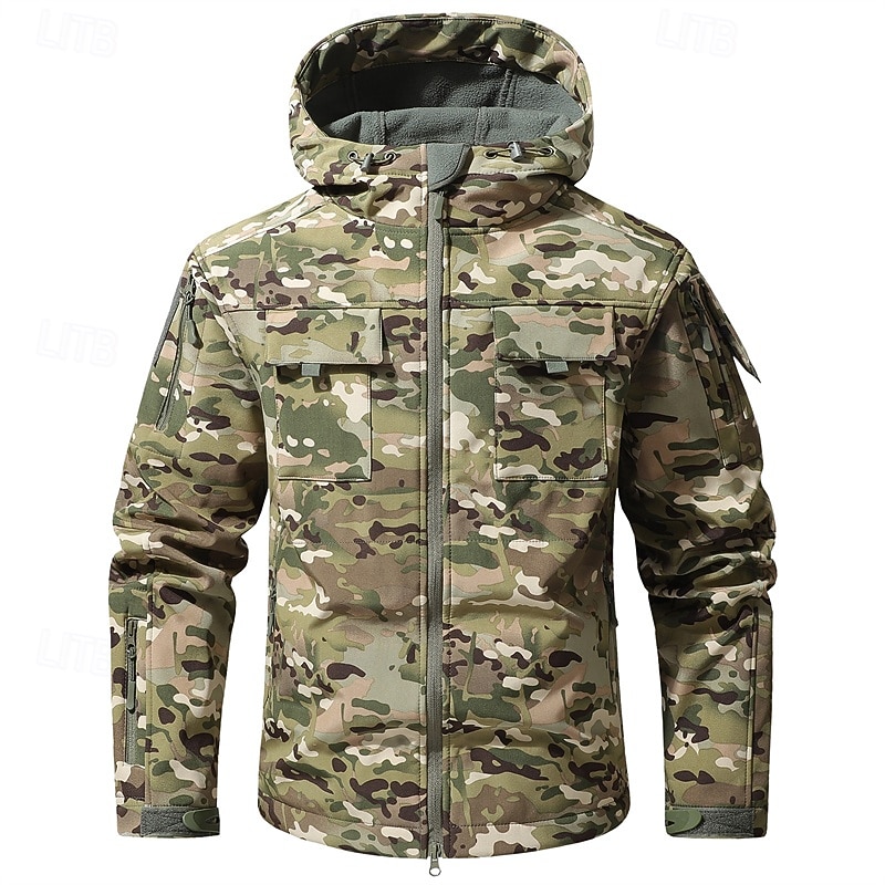 Men's Outdoor Jacket Softshell Jacket Hiking Jacket Vacation Daily Windproof Waterproof Pocket Fall Winter Plain Camouflage Fashion Classic Hooded Regular Gray Green Dark Gray Black Green Khaki Jacket3