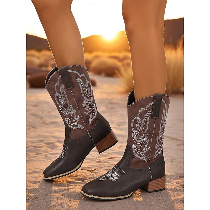 Women's Dark Brown Western Cowboy Boots – Embroidered Faux Leather Mid-Calf Boots with Block Heel for Country, Rodeo and Casual Wear