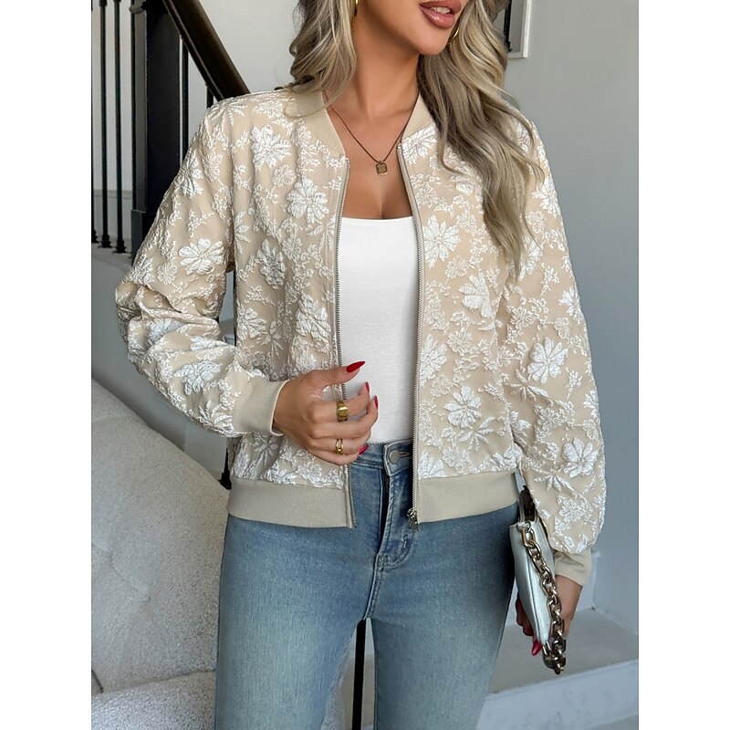 Women's Bomber Jacket Casual Jacket Comfortable Breathable Zipper Elegant Casual Floral Vacation Street Casual Daily Wear Zipper Short Stand Collar Regular Fit Long Sleeve Outerwear Khaki Spring Fall4