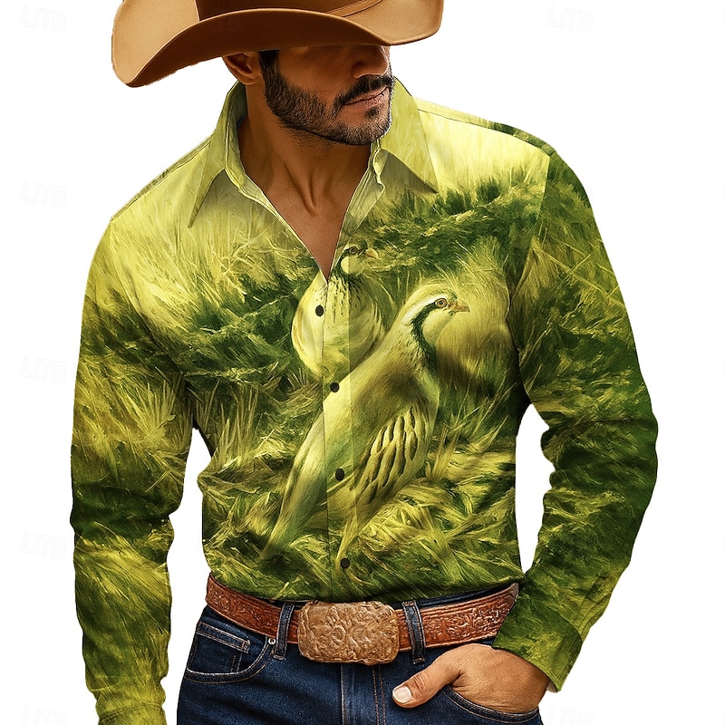 Men's Bird Wildlife Shirt Western Shirt Button Up Shirt Long Sleeve Vintage Retro Outdoor Casual WorkWear Spring Fall Turndown 3D Print Collared Shirts Blue Green Khaki3