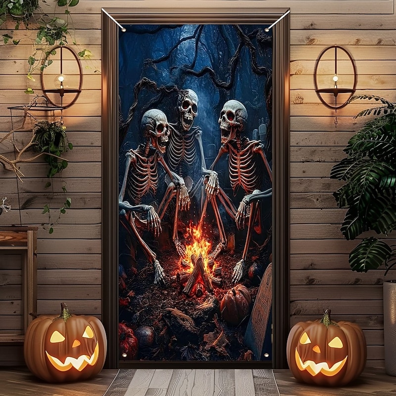 Halloween Door Covers Skull Bonfire and Dead Tree Tapestry Door Curtain Decoration, Spooky Horror Backdrop Door Banner for Front Door Indoor Outdoor Haunted House Party Decor3