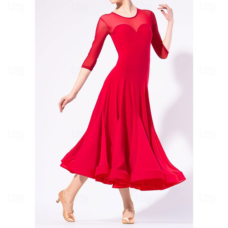 Women's Red Ballroom Dance Dress  Flared Skirt, and Heart-Shaped Bodice - Elegant Performance Wear for Latin, Salsa, and Social Dance2