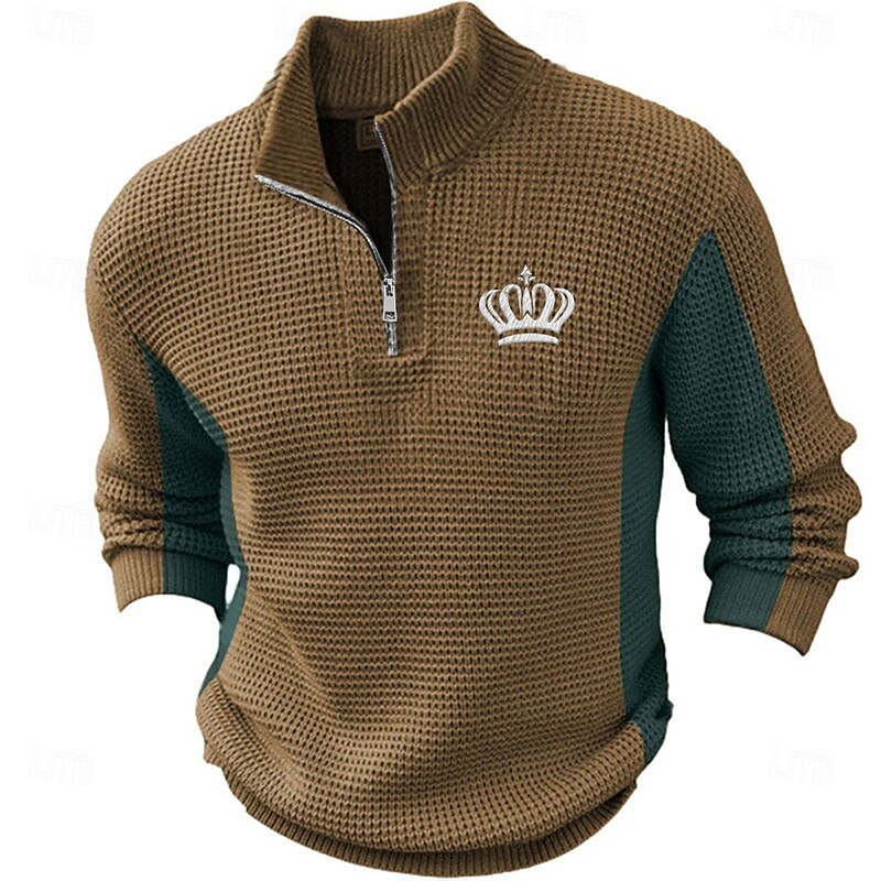 Men's Tiaras & Crowns Pullover Sweater Jumper Zip Sweater Polo Sweater Zip Collar Casual School Vacation Daily Embroidered Zipper Knitting Long Sleeve Spring Fall Winter Sky Blue Brown Green