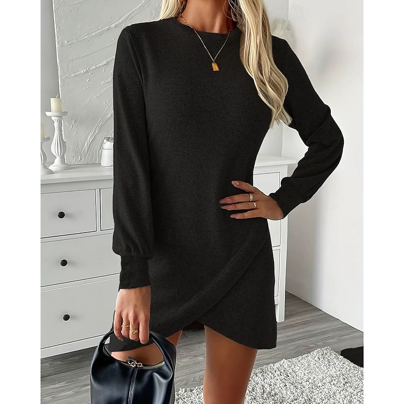 Women's Midi Dress Black Dress Casual Dress Elegant Fashion Modern Outdoor Daily Going out Regular Fit Plain Long Sleeve Crew Neck Black Spring Winter Autumn3
