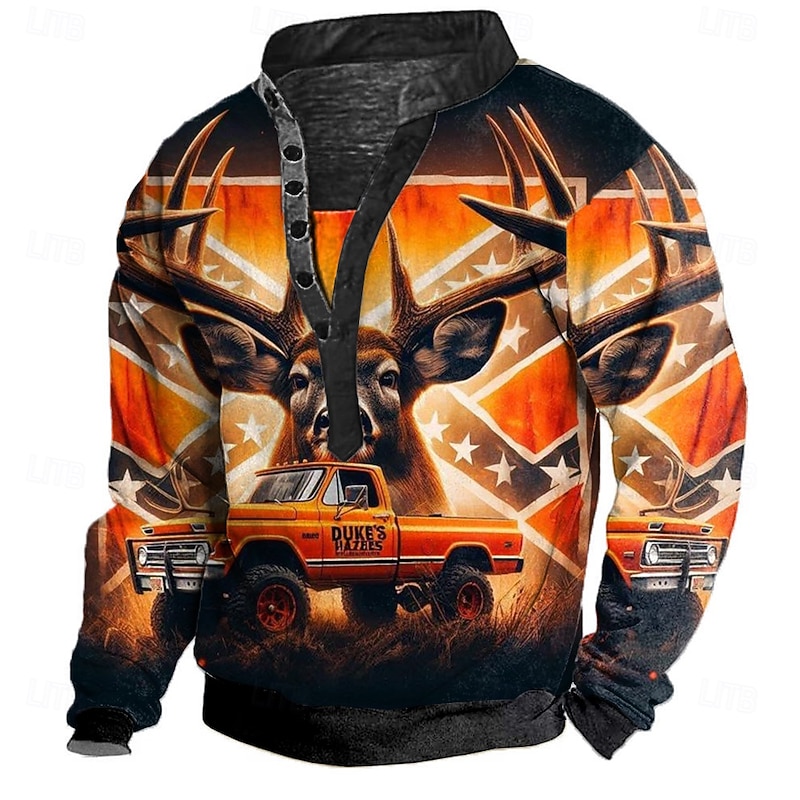 Men's Deer Sweatshirt Hunting High Neck Gift Travel Streetwear Blue Orange Button Front Fall Winter Designer