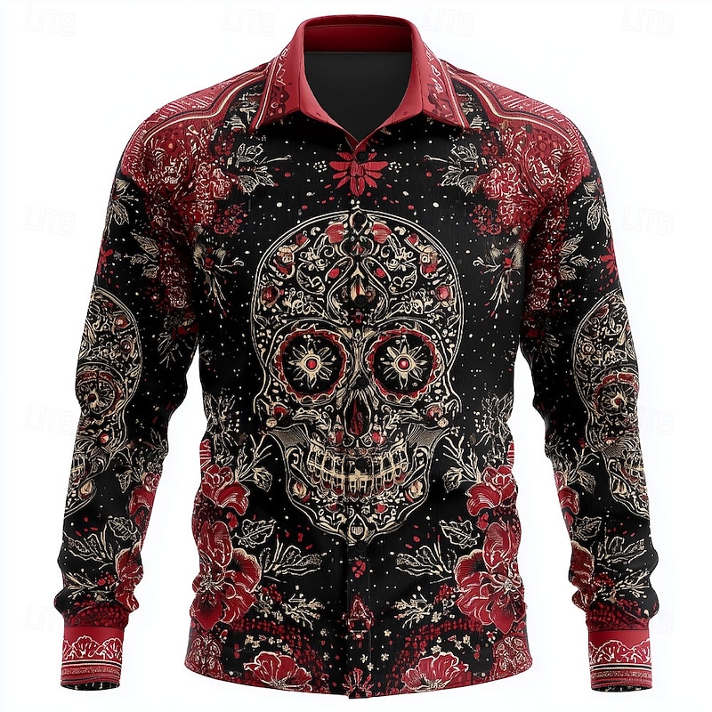 Men's Skull Day of the Dead Flower / Floral Shirt Button Up Shirt Long Sleeve Dark Punk Gothic Style Outdoor Holiday Summer Spring Turndown 3D Print Collared Shirts Red Blue Purple Green