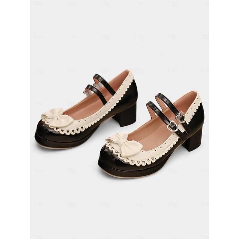 Women's 1950s Black and White Faux Patent Bow Mary Jane Shoes – Double Strap Lolita Vintage Chunky Heel Pumps for Girls' Tea Party, School Uniform, and Cosplay Outfits4