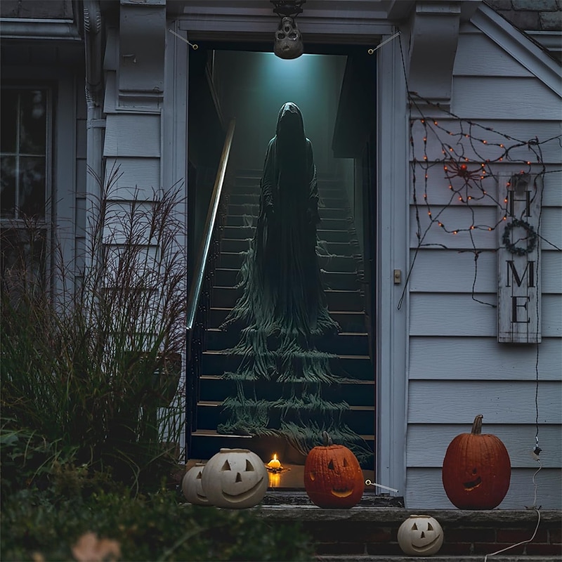 Halloween Tapestry Door Cover Outdoor Banners Ghost 3D Dark Punk Gothic Style Party Outdoor Shooting Backgrounds Front Door Wall Porch Home Decor
