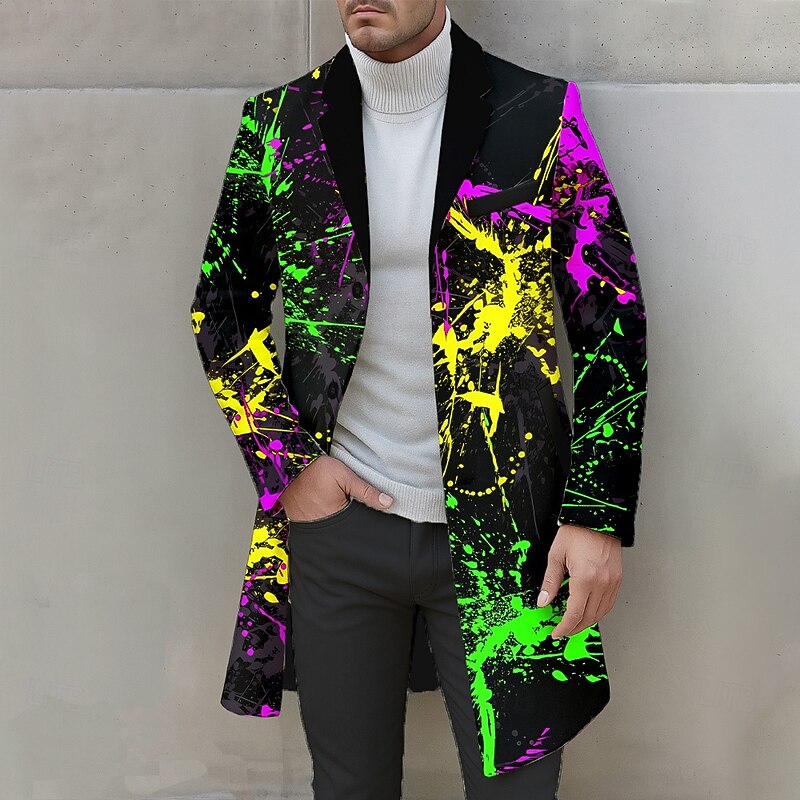 Men's Color Block Overcoat Coat Casual Daily 3D Print Buttons Front Pocket Spring Fall Winter Notch Long Sleeve Black 1 Black Black 23