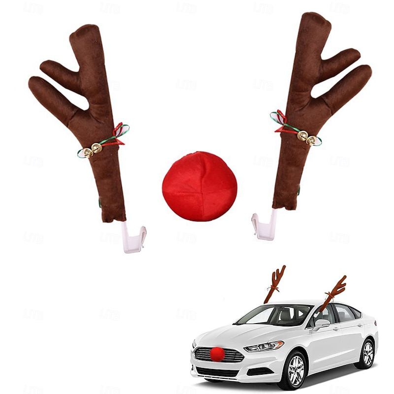 Christmas Car Reindeer Antlers & Nose Xmas Decorations Best for Window Roof-Top & Grille Rudolph Reindeer Kit - Auto Holiday Accessories Decoration Kit Also for SUV Van Truck