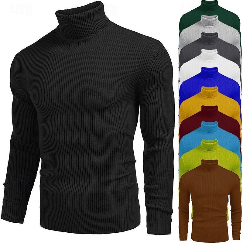 Men's Sweater Pullover Sweater Jumper Ribbed Knit Regular Tops Knitted Slim Fit Plain Turtleneck Knitwear Contemporary Casual Daily Wear Clothing Apparel Fall Wine Black L XL 2XL