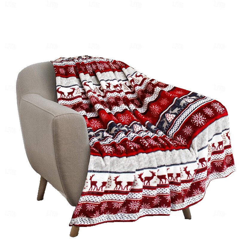 Christmas Holiday Reindeer & Snowflake Flannel Blanket, Warm Sofa Throw, Nap & Dorm Fleece Cover, Cozy Air-Conditioning Blanket3