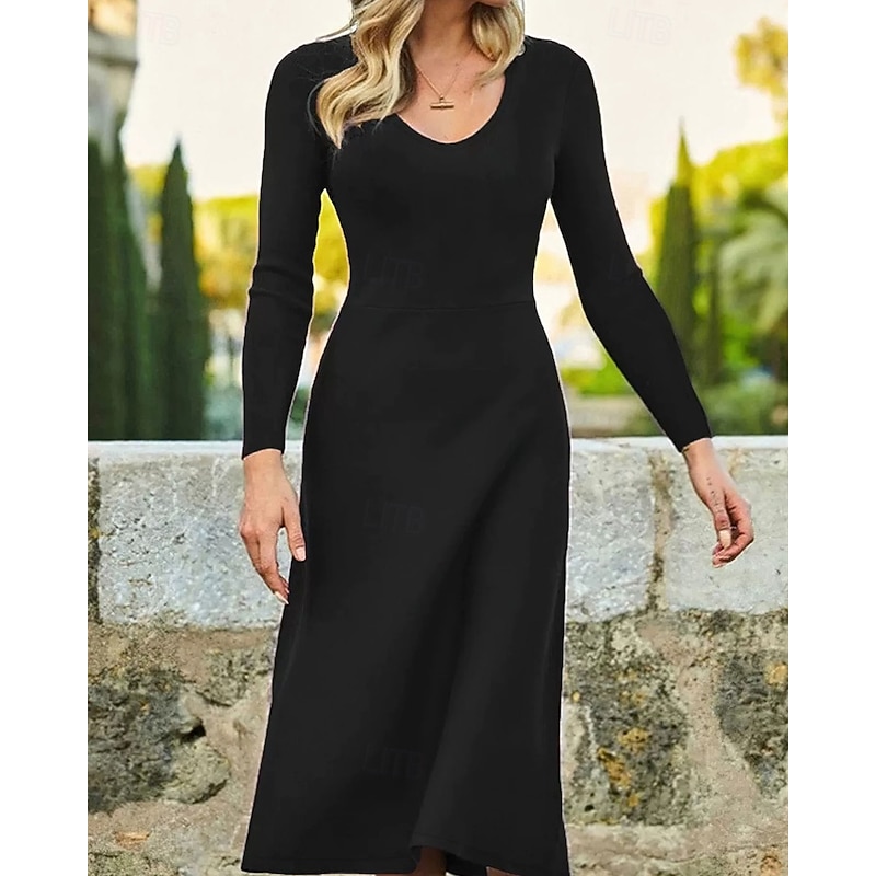 Women's Midi Dress Black Dress Casual Dress Cocktail Dress Formal Dress Elegant Fashion Modern Outdoor Daily Going out Regular Fit Plain Long Sleeve Crew Neck Black Spring Winter Autumn