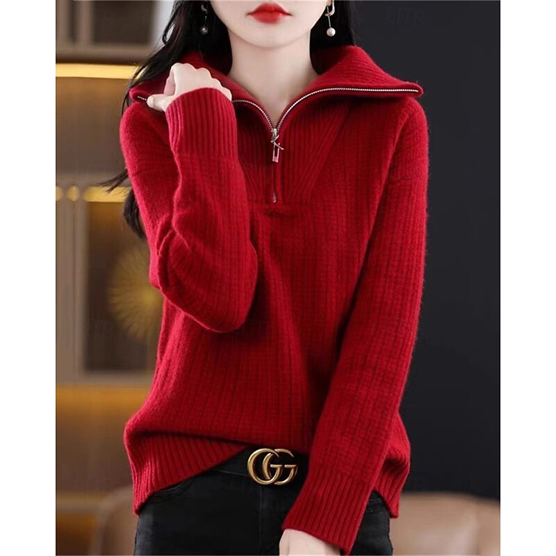Women's Sweater Pullover Fashion Basic Casual Pure Color Ribbed Half Zip Zipper Knitted Long Sleeve Regular Tops Knit Outdoor Daily Weekend Red Fall Winter2