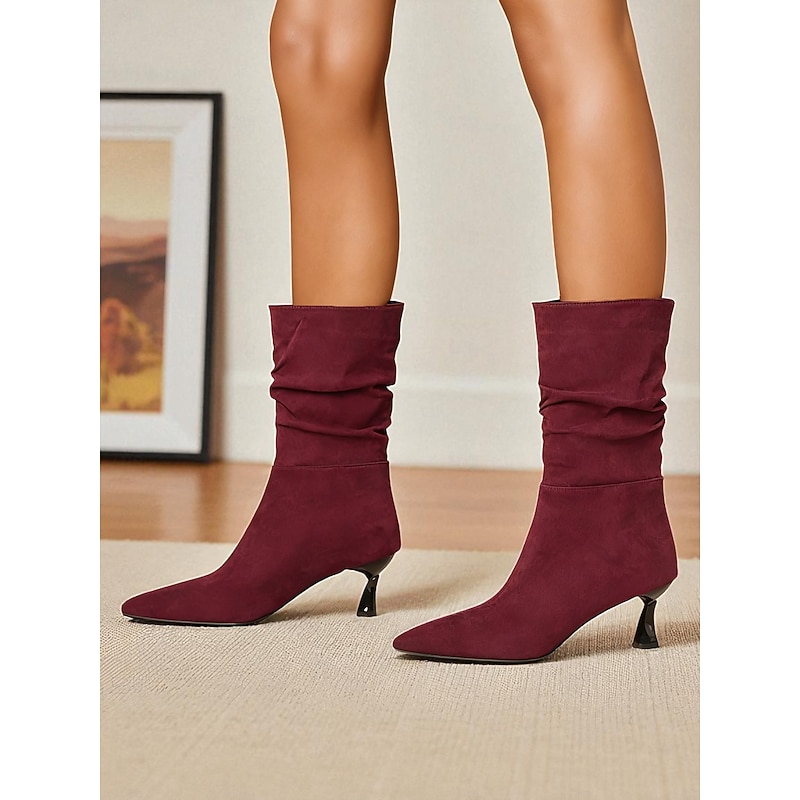 Women's Burgundy Suede Kitten Heel Boots with Ruched Design and Tied Accent – Stylish Fall and Winter Fashion for Casual and Semi-Formal Occasions3