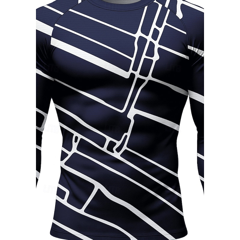 Men's Compression Shirt Running Shirt 3D Print Long Sleeve Base Layer Geometric Quick Dry Compression Power Flex Moisture Wicking Gym Workout Active Training Cycling Sportswear Activewear Black Navy3