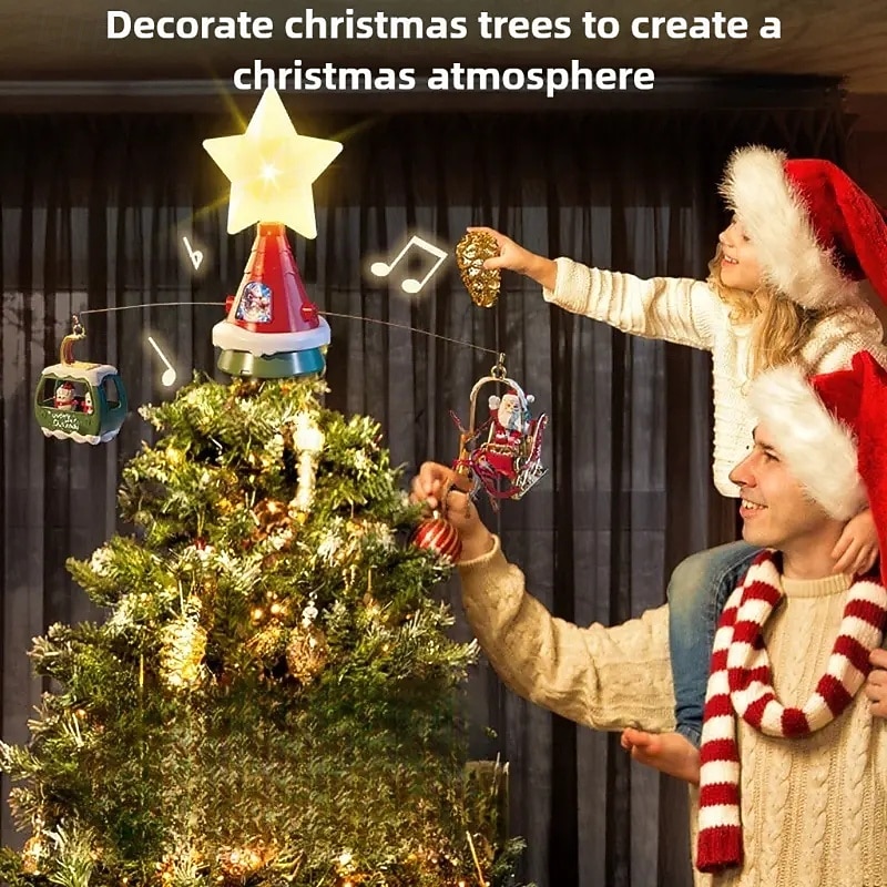 Rotating Christmas Tree Topper Santa Hat with Glowing Star & Music Notes - USB-Powered Holiday Decoration, Traditional Plastic Santa Claus Sleigh & Snowman Coaster Scene, Christmas Gifts & Home Decor4