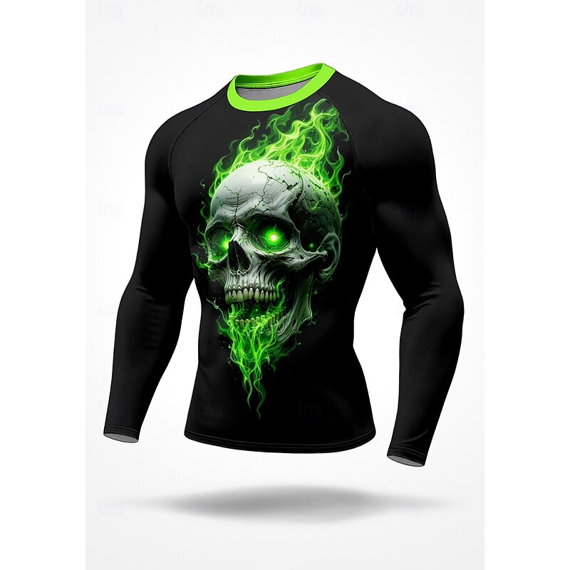 Men's Compression Shirt Running Shirt 3D Print Long Sleeve Base Layer Skull Quick Dry Compression Power Flex Moisture Wicking Gym Workout Active Training Exercise Sportswear Activewear Green