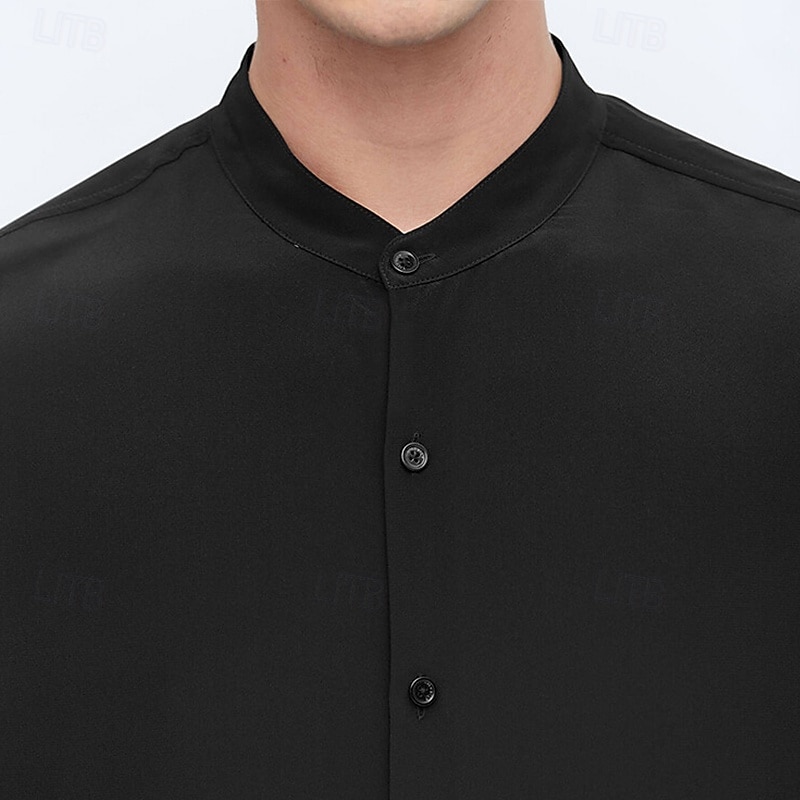 Men's Shirt Band Collar Shirt Satin Shirt Dress Shirt Casual Shirt Plain Formal Streetwear Black Navy Blue Gray Long Sleeve Mandarin Collar All Seasons Clothing Apparel3