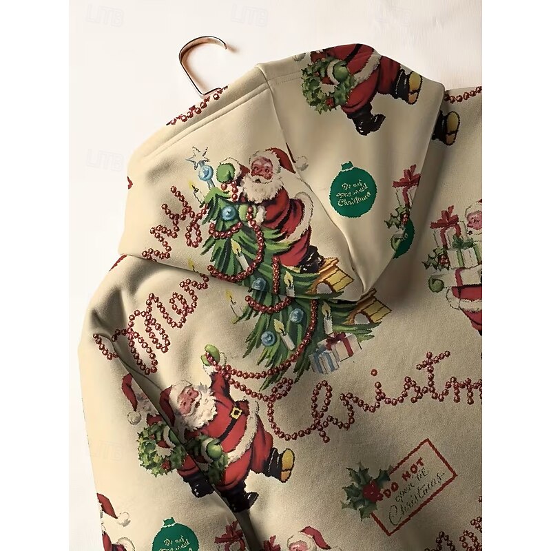 Christmas Women's Zip Up Hoodies Graphic Santa Claus Tree Warm Active Vintage Long Sleeve Hooded Long Tops Home Work Dailywear Print Khaki Spring Fall Winter3