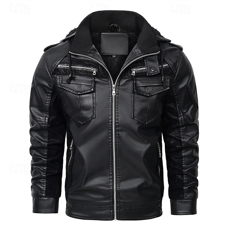 Men's Faux Leather Jacket Fleece Jacket Biker Jacket Motorcycle Jacket Vacation Daily Windproof Warm Pocket Winter Plain Fashion Classic Hooded Regular Black Jacket2