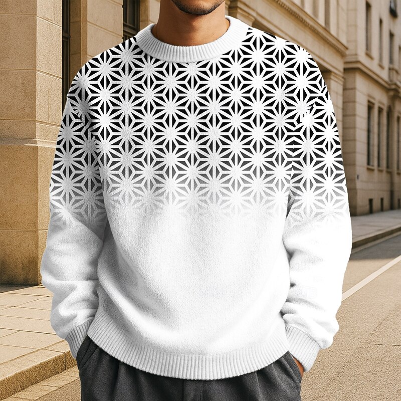 Men's Geometric Pullover Sweater Jumper Knitwear Crewneck Casual Vacation Daily 3D Print Knitting Keep Warm Long Sleeve Spring Fall Winter Black White Blue