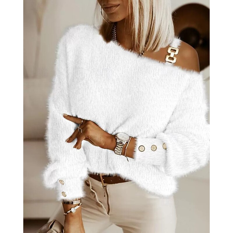 Women's Sweater Casual Soft Pure Color Ribbed Crew Neck V Neck Knitted Cold Shoulder Long Sleeve Regular Tops Knit Outdoor Daily Weekend White Fall Winter