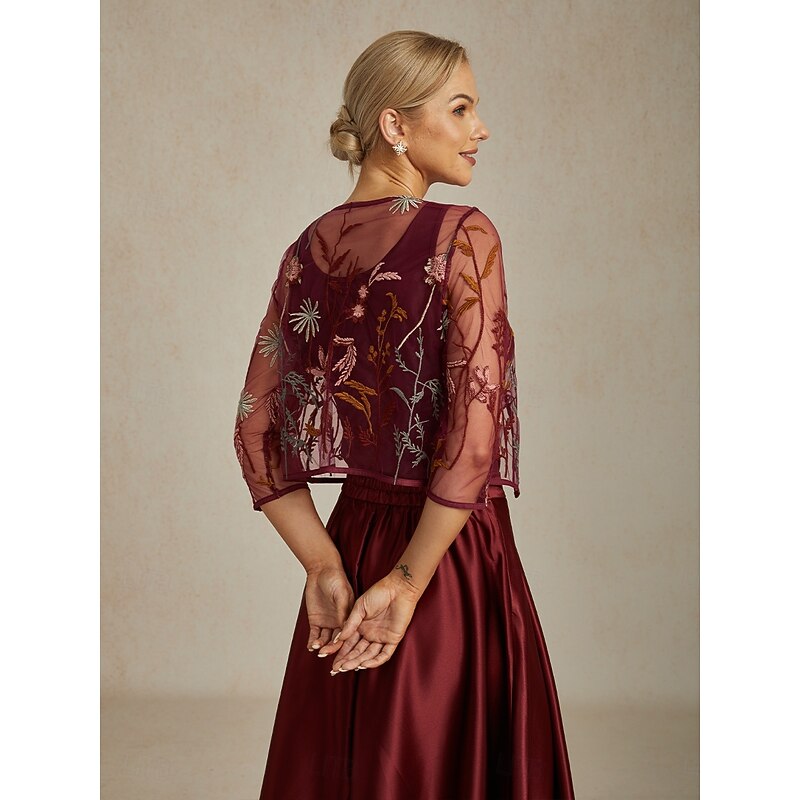 Women's Lace Tops Floral Elegant Stylish Crew Neck Crop Tops Wedding Guest Party Evening Wear Lace Embroidered Wine Summer Spring Fall2