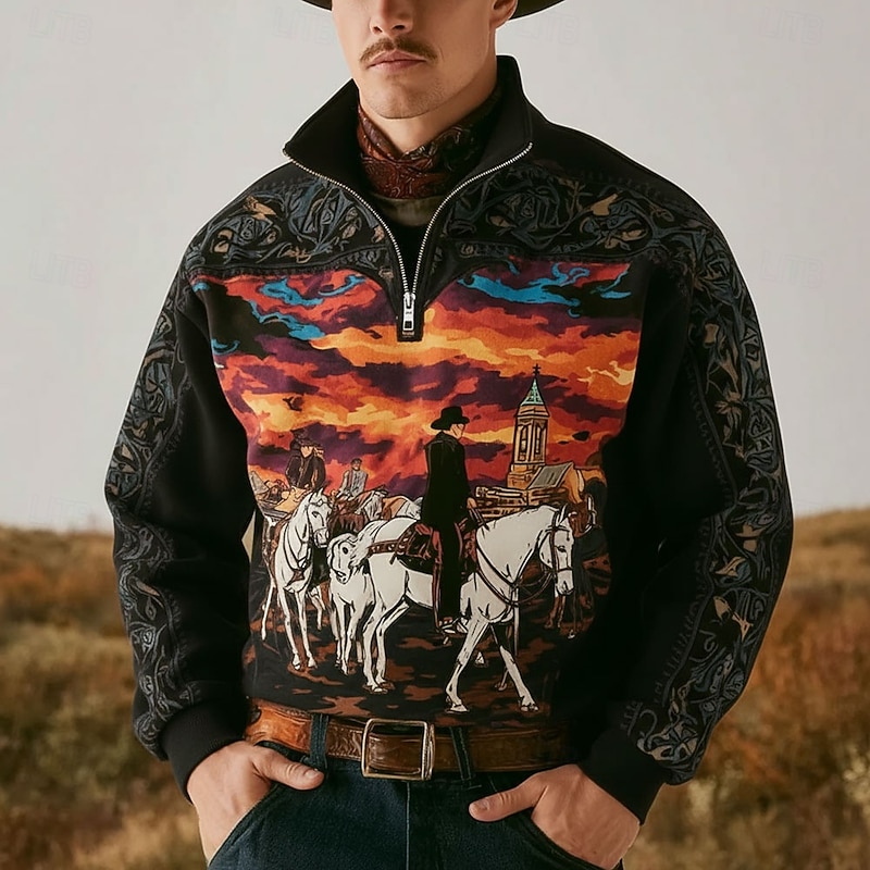 Men's Cowboy Sweatshirt Ethnic Vintage Retro Stand Collar Outdoor Work Gift Black Brown Zipper Fall Winter Designer3