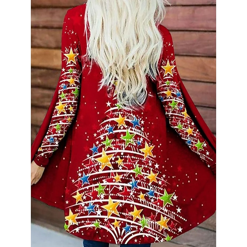Women's Winter Coat Lightweight Comfortable Print Open Front Vintage Fashion Casual Tree Vacation Casual Long Collarless Loose Fit Long Sleeve Outerwear Red Spring Fall
