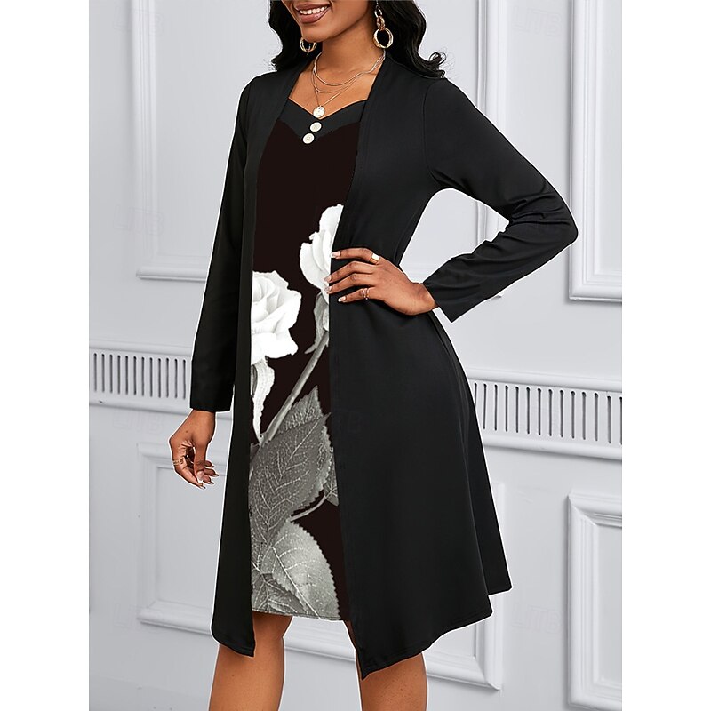 Women's Midi Dress A Line Dress Casual Daily Regular Fit Floral Long Sleeve V Neck Black Summer Spring Fall2