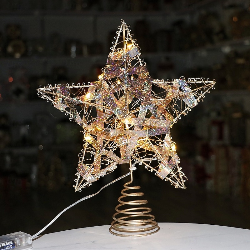 Christmas Tree Topper Star Led Light Xmas, Colorful Iron Five-Pointed Star Ornament, Hanging Tree Decoration, Festive Holiday Home Table Decor Gift2