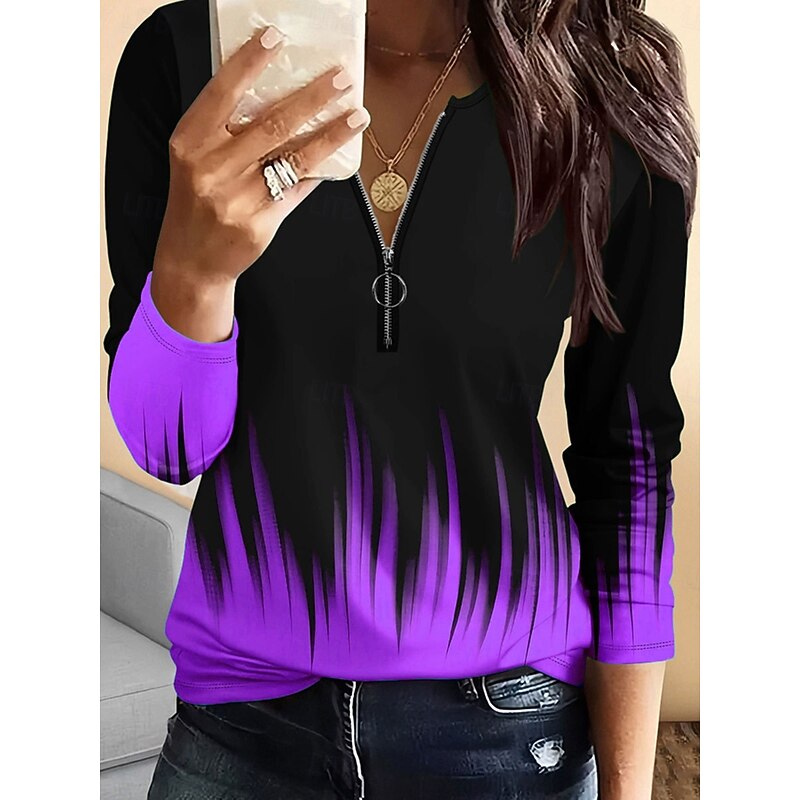 Women's T Shirt Ombre Graphic Vintage Fashion Stylish Long Sleeve Crew Neck Regular Tops Daily Zipper Print Yellow Blue Purple Orange Green Spring Fall Winter3